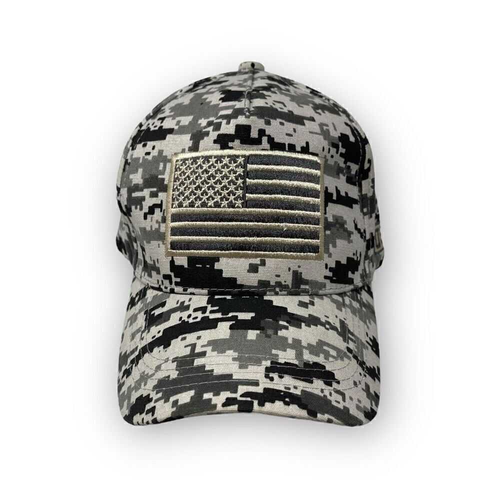 August Sportswear Hat Cap Gray Digital Camo Adjustable USA Flag Patch OSFM